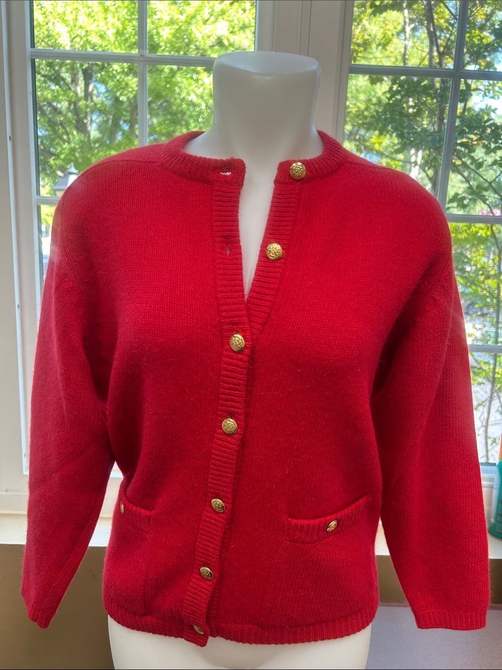Lord & Taylor Red Lambswool Angora Blend Women’s Gold Buttons Sweater Vintage